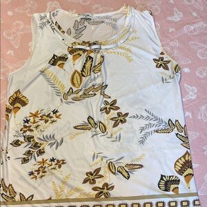 Sleeveless White Floral Print Women's Tank Top with Yellow & Brown Accents